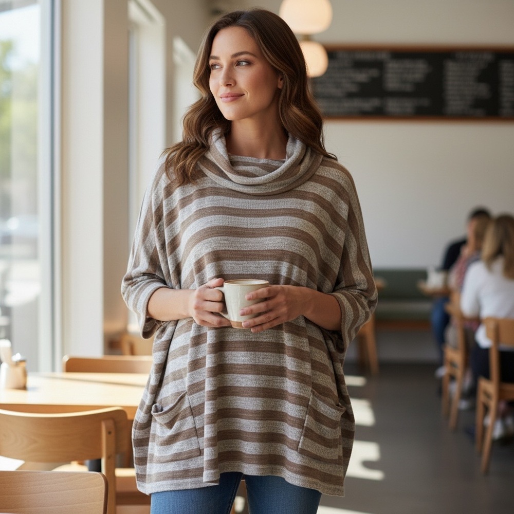 Umgee Womens Cowl Neck Poncho Pullover Top with Side Slits